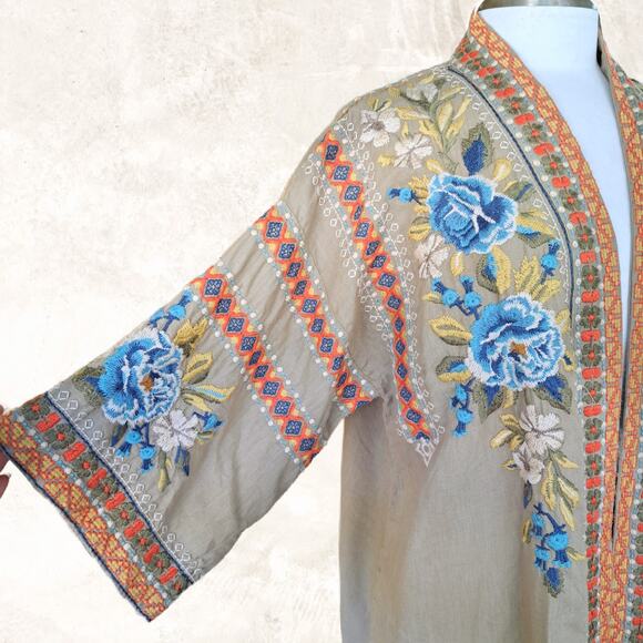 Johnny Was Tan Floral Kimono Jacket with Ornate Trim - Picture 10 of 13